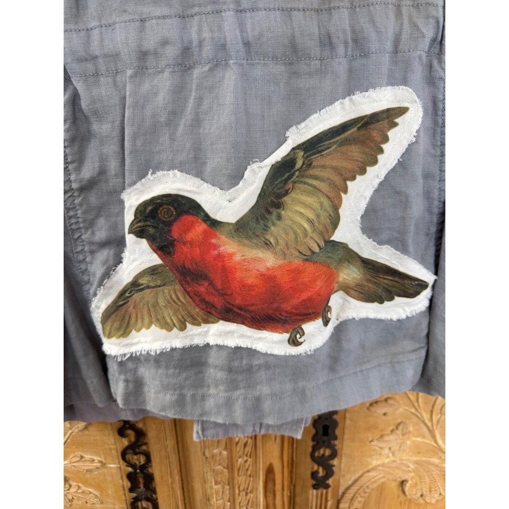 100% Linen Utility Jacket Size L – Drawstring Waist Bird Patch One of a‎ Kind - Picture 5 of 11
